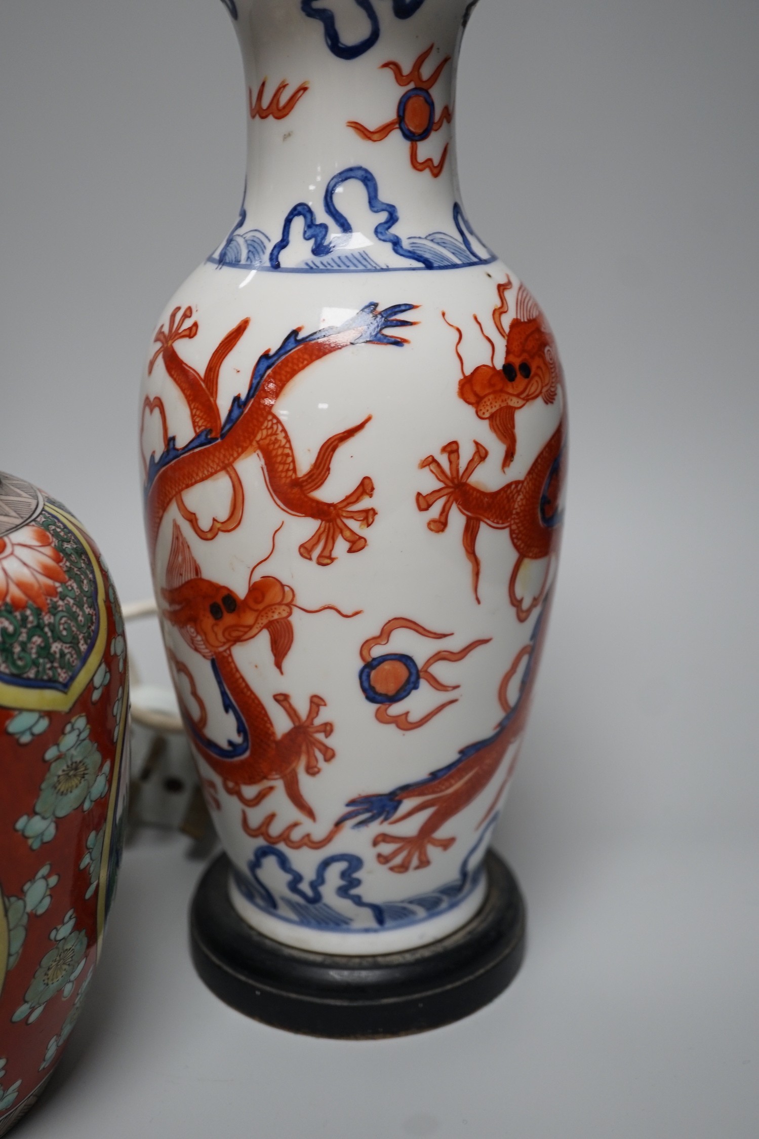 A group of Chinese famille rose jars, Paris porcelain lamps etc - tallest 34.5cm